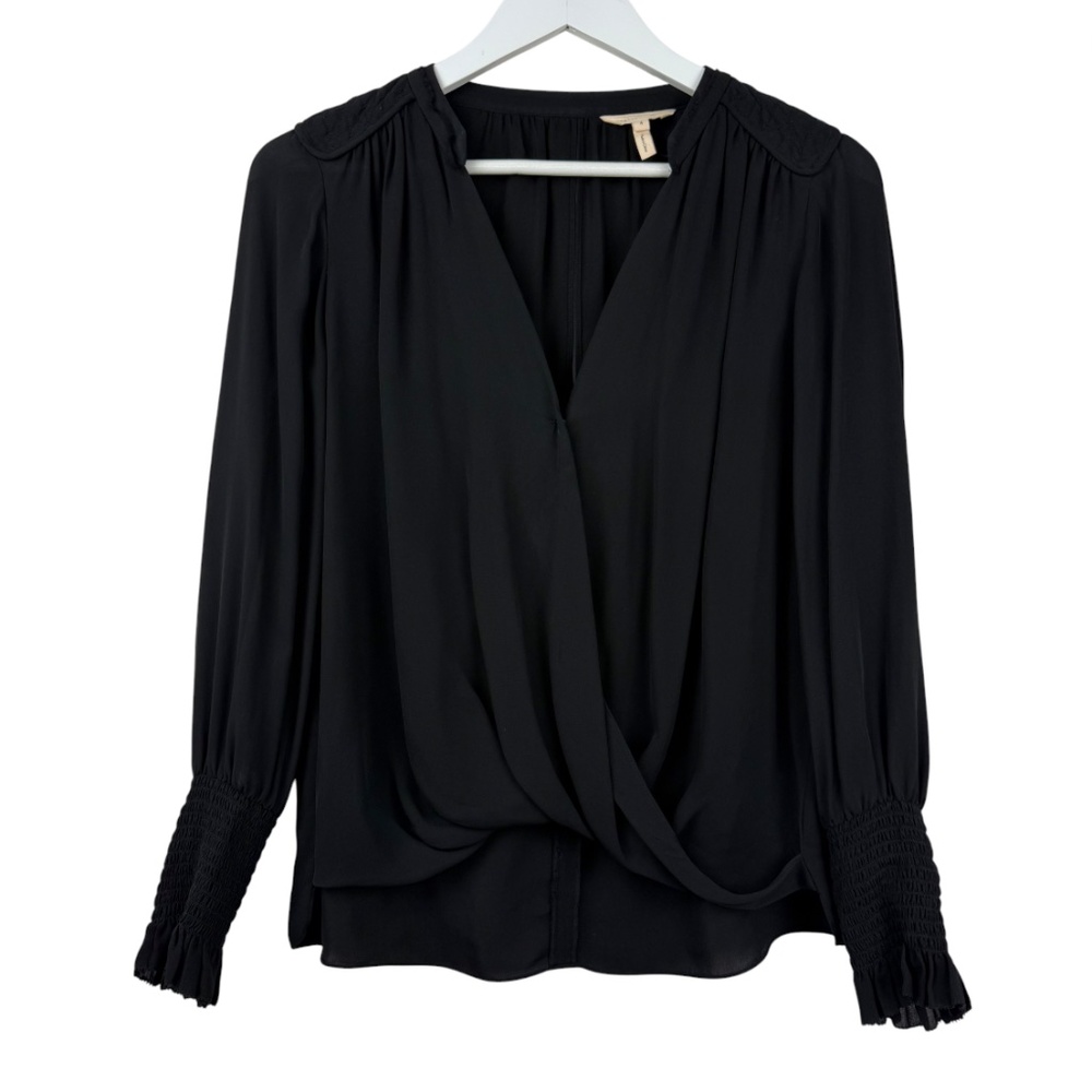 Rebecca Taylor Womens Black Silk Draped Surplice Long Sleeve Blouse 4